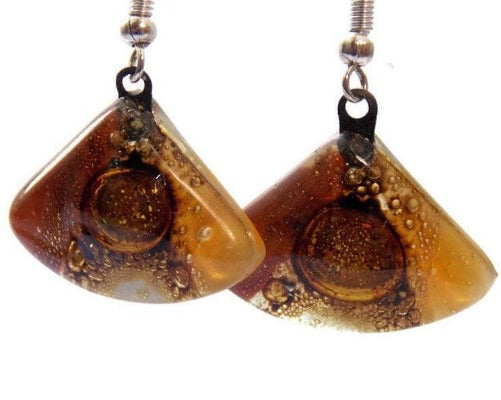 Earth Tones Recycled Glass earrings. Beige Brown and Terracotta fan shape drop Earrings