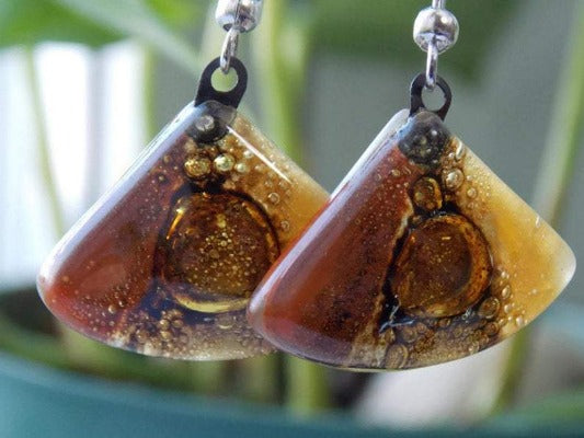 Earth Tones Recycled Glass earrings. Beige Brown and Terracotta fan shape drop Earrings