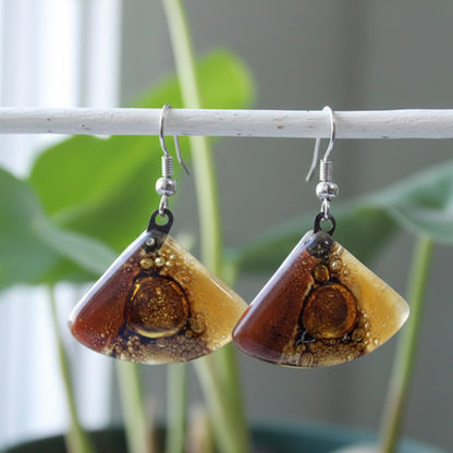 Earth Tones Recycled Glass earrings. Beige Brown and Terracotta fan shape drop Earrings