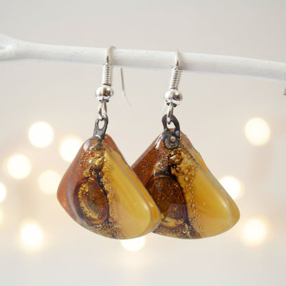 Earth Tones Recycled Glass earrings. Beige Brown and Terracotta fan shape drop Earrings