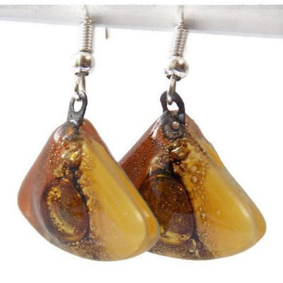 Earth Tones Recycled Glass earrings. Beige Brown and Terracotta fan shape drop Earrings