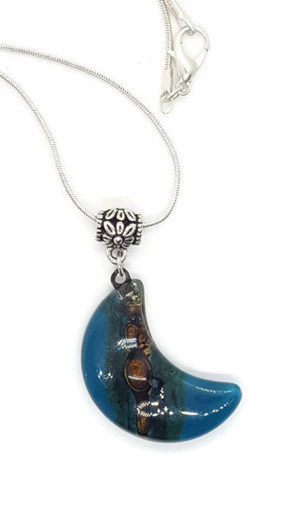 Teal and brown moon shape pendant. recycled Fused glass Necklace