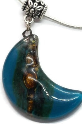 Teal and brown moon shape pendant. recycled Fused glass Necklace