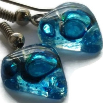 Small heart shapped blue fused glass drop Earrings. Turquoise Recycles Glass dangle Earrings.