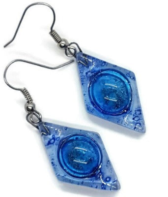 Glass Earrings Blue Diamond Shaped Earrings Recycled fused glass Earrings