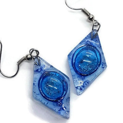 Glass Earrings Blue Diamond Shaped Earrings Recycled fused glass Earrings