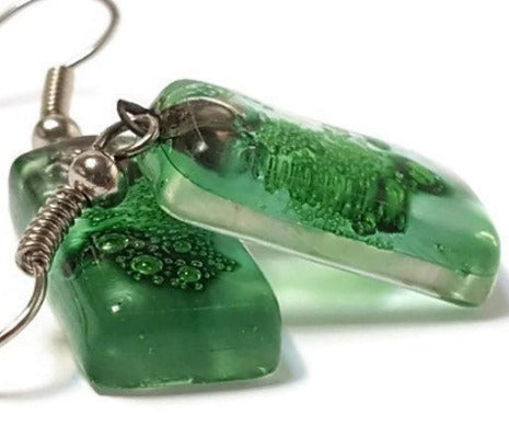 Green Small Rectangular Recycled Glass Drop Earrings. Fused Glass Dangle earrings