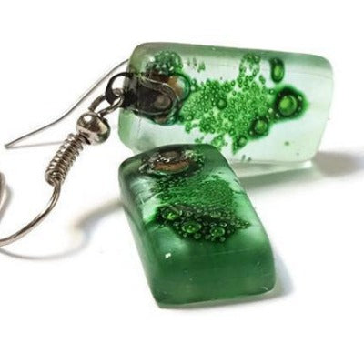 Green Small Rectangular Recycled Glass Drop Earrings. Fused Glass Dangle earrings