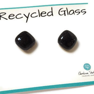 Post Earrings. Recycled glass Earrings. Black Earrings Studs, Fused Glass jewelry