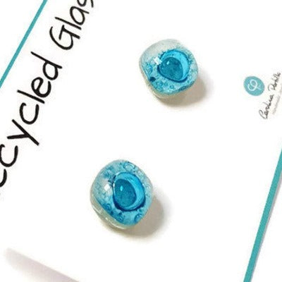 Small Post White and Turquoise Earrings. Fused Glass Studs. Recycled Glass jewelry. Stud earrings