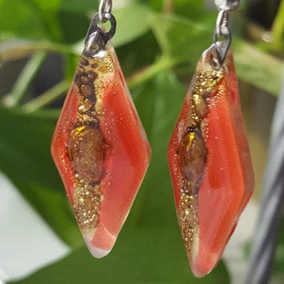 Long Diamond shaped red and brown fused glass earrings