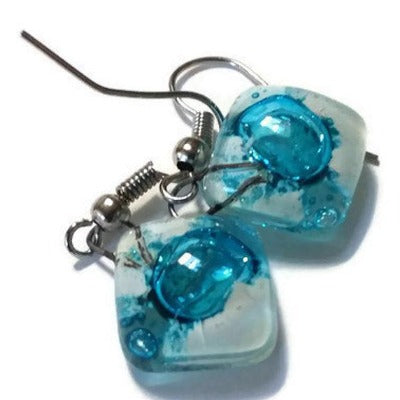 Small Turquoise and white Fused Glass Earrings. Recycled glass small square earrings