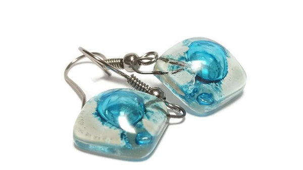 Small Turquoise and white Fused Glass Earrings. Recycled glass small square earrings