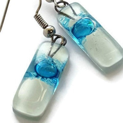 Small White and Turquoise Fused Glass Earrings