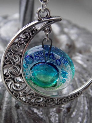 Blue moon, Green blue moon recycled glass long pendant. Handmade.