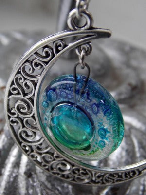 Blue moon, Green blue moon recycled glass long pendant. Handmade.