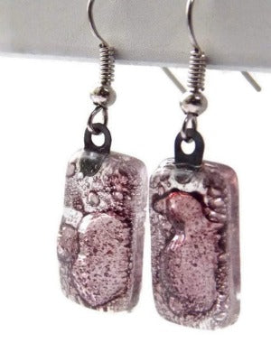 Fused Glass earrings. Purply Bubbly color recycled Glass Earrings. Small Bars dangle earrings