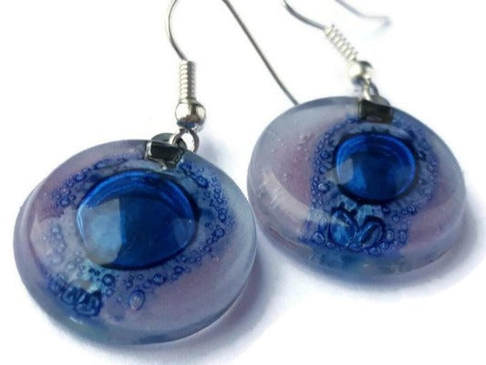 Round Lilac and Blue Dangle earrings. Recycled Fused Glass Drop Earrings. Dangle Earrings
