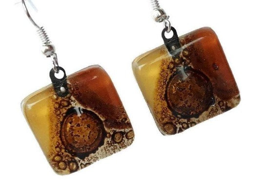 Earthy tones, White, beige, terracotta  and Brown Square Fused Glass earrings