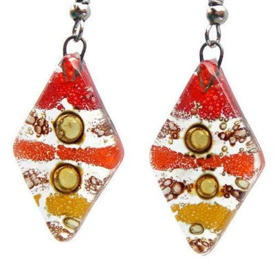 Red, Yellow and Orange Diamond Shaped Earrings. Fused glass Dangle Earrings.