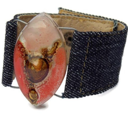 Red, pink and  Brown Fused Glass and reclaimed Denim Cuff. Vegan Bracelet.