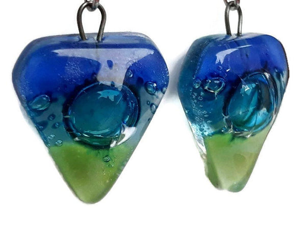Blue, Turquoise and Green heart shape Fused Glass Drop Earrings. Recycled Glass Dangle Earrings
