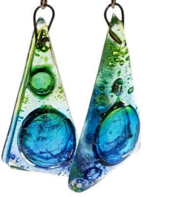 Large Glass dangle earrings. Green Turquoise and Blue, Triangles Recycled Fused Glass Earrings