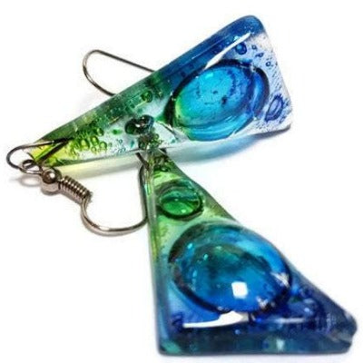 Large Glass dangle earrings. Green Turquoise and Blue, Triangles Recycled Fused Glass Earrings