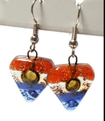 Blue, brown, and Orange handmade recycled Fused glass beads, Small Drop earrings, Dangle earrings