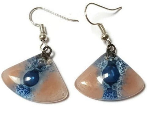 Handmade fused glass drop earrings, Pink and Blue fan shape Recycled dangle earrings.