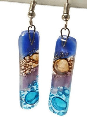 Long Earrings. Blue, turquoise, lilac and  brown Recycled Fused Glass Drop  Earrings .
