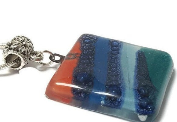 Teal, Blue and Red Fused Glass square Pendant. Recycled Glass Handmade Glass Bead. Handmade necklace