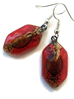 Funky shape red and brown glass earrings. Fused Glass drop earrings . Dangling Earrings