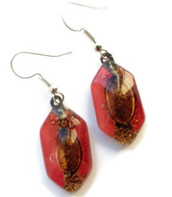 Funky shape red and brown glass earrings. Fused Glass drop earrings . Dangling Earrings