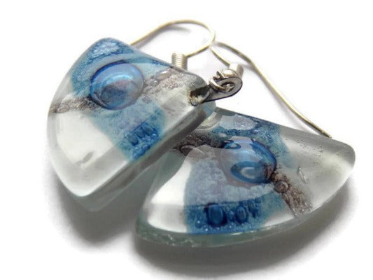 Fan Shaped White Blue and a purply color Recycled Glass Drop Earrings. Dangle Earrings