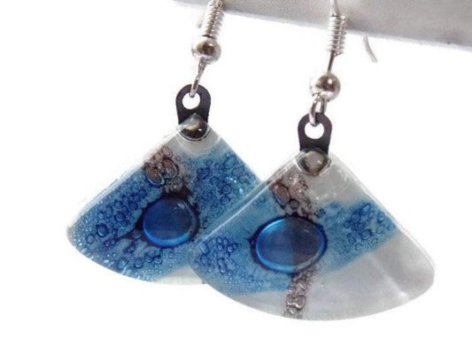 Fan Shaped White Blue and a purply color Recycled Glass Drop Earrings. Dangle Earrings