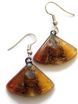 Earth Tones Recycled Glass earrings. Beige Brown and Terracotta fan shape drop Earrings