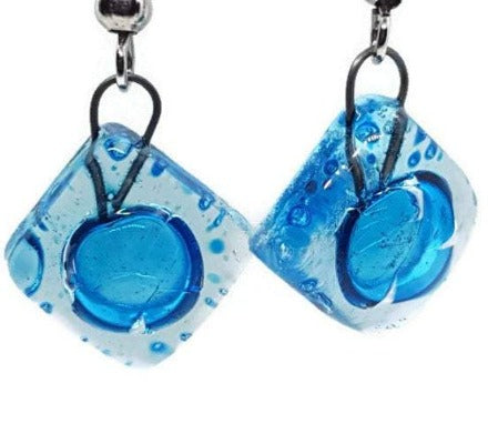 Small Turquoise fused glass earrings. Drop earrings. Handmade Dangling earrings.