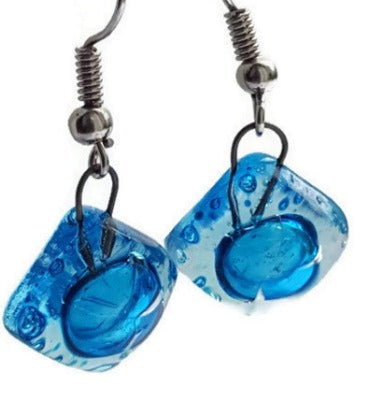 Small Turquoise fused glass earrings. Drop earrings. Handmade Dangling earrings.