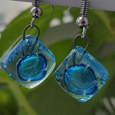 Small Turquoise fused glass earrings. Drop earrings. Handmade Dangling earrings.