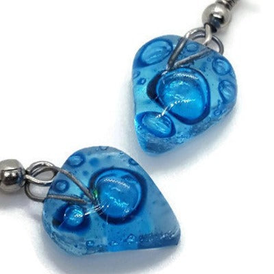 Small turquoise Earrings. Heart Shape Recycled glass Jewelry. Fused glass drop Earrings.