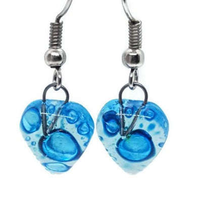 Small heart shapped blue fused glass drop Earrings. Turquoise Recycles Glass dangle Earrings.