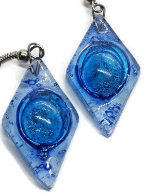 Glass Earrings Blue Diamond Shaped Earrings Recycled fused glass Earrings