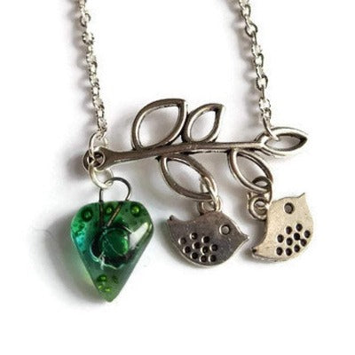 Green Recycled Glass Bead, Family Pendant. Bird Necklace. Recycled Glass Jewelry .