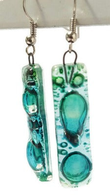 Green long earrings... Lots of  bubbles. Recycled Fused Glass Dangling earrings