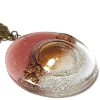 Pink, Brown and Clear pendant. Handmade Recycled Fused Glass Necklace. Long pendant.