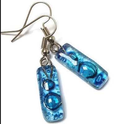 Small Rectangular blue recycled Glass Earrings. Fused Glass Jewelry