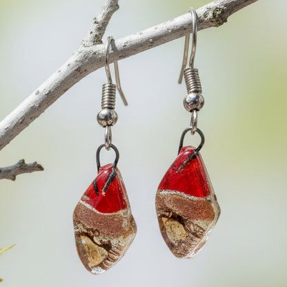 Small Diamond Shaped Red, Copper and brown Recycled Fused Glass Earrings