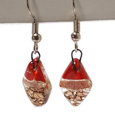 Small Diamond Shaped Red, Copper and brown Recycled Fused Glass Earrings