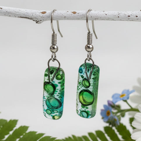 Small Rectangular Green recycled Glass Earrings. Fused Glass Jewelry